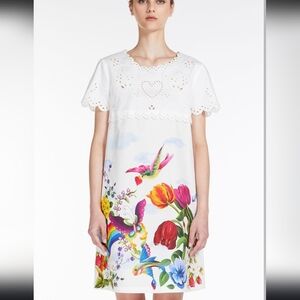 NEW Max Mara White Bolero Embroidered Trim Floral Print Eyelet Shift Dress M
